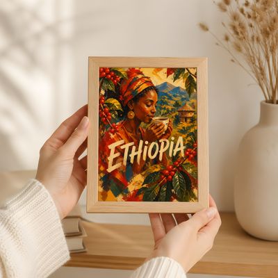 Ethiopian Coffee Art Print, Traditional African Wall Decor, Vintage Kitchen Poster
