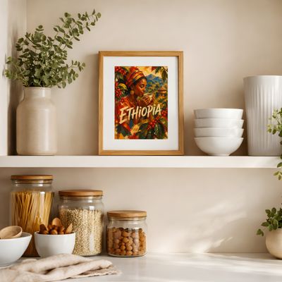 Ethiopian Coffee Art Print, Traditional African Wall Decor, Vintage Kitchen Poster