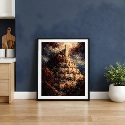 Fantasy Castle Wall Art, Dark Mountain Landscape Poster, Dramatic Oil Painting Decor