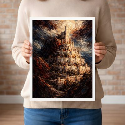 Fantasy Castle Wall Art, Dark Mountain Landscape Poster, Dramatic Oil Painting Decor