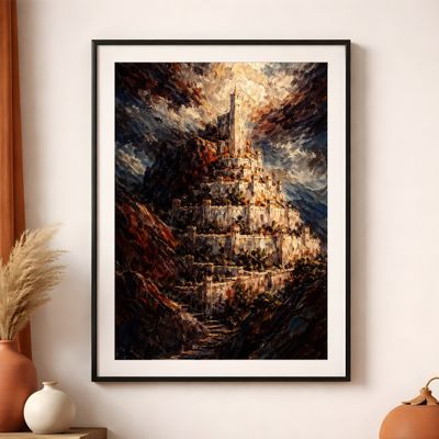 Fantasy Castle Wall Art, Dark Mountain Landscape Poster, Dramatic Oil Painting Decor