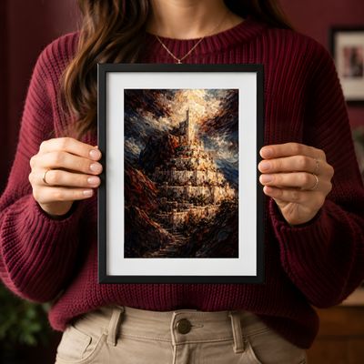 Fantasy Castle Wall Art, Dark Mountain Landscape Poster, Dramatic Oil Painting Decor