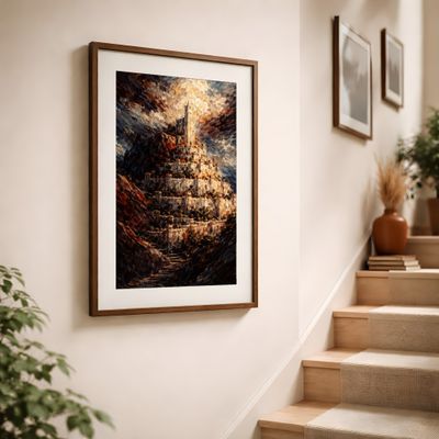 Fantasy Castle Wall Art, Dark Mountain Landscape Poster, Dramatic Oil Painting Decor