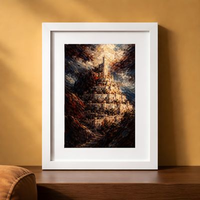 Fantasy Castle Wall Art, Dark Mountain Landscape Poster, Dramatic Oil Painting Decor