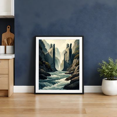 Giant Statue Wall Art, Fantasy River Canyon Poster, Mythic Landscape Decor