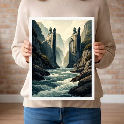 Giant Statue Wall Art, Fantasy River Canyon Poster, Mythic Landscape Decor