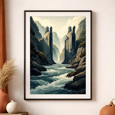 Giant Statue Wall Art, Fantasy River Canyon Poster, Mythic Landscape Decor