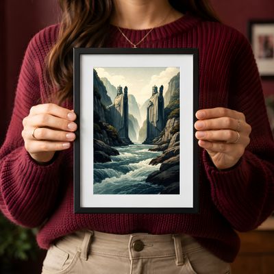 Giant Statue Wall Art, Fantasy River Canyon Poster, Mythic Landscape Decor