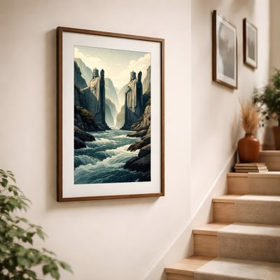 Giant Statue Wall Art, Fantasy River Canyon Poster, Mythic Landscape Decor