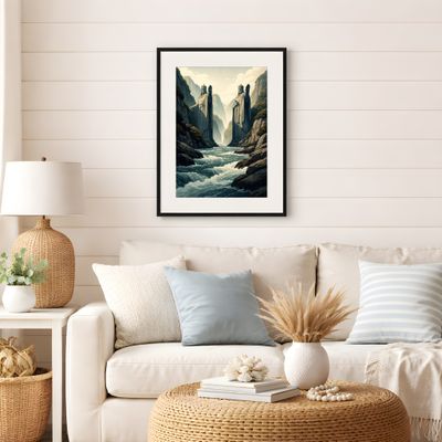 Giant Statue Wall Art, Fantasy River Canyon Poster, Mythic Landscape Decor