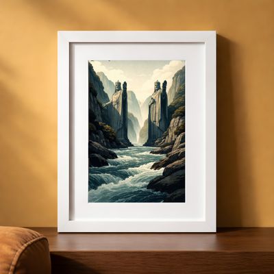 Giant Statue Wall Art, Fantasy River Canyon Poster, Mythic Landscape Decor