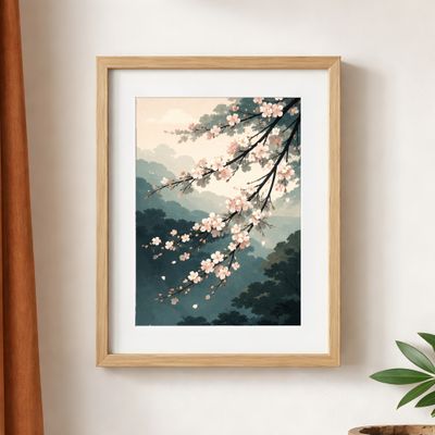 Cherry Blossom Matte Poster, Japanese Watercolor Wall Art, Zen Nature Decor