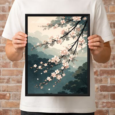 Cherry Blossom Matte Poster, Japanese Watercolor Wall Art, Zen Nature Decor