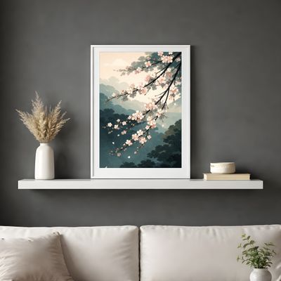 Cherry Blossom Matte Poster, Japanese Watercolor Wall Art, Zen Nature Decor