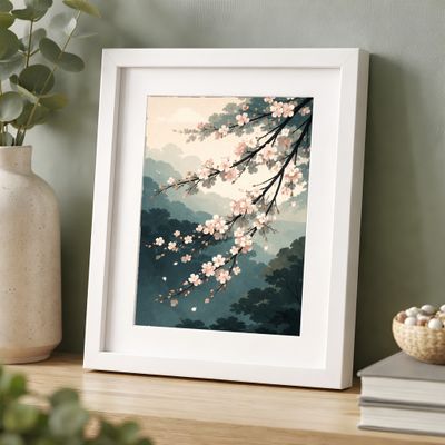 Cherry Blossom Matte Poster, Japanese Watercolor Wall Art, Zen Nature Decor