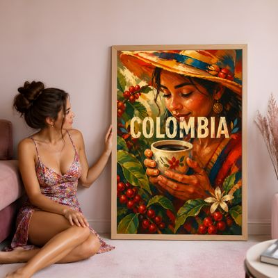 Colombia Coffee Art Print, Woman With Coffee Poster, Kitchen Wall Decor
