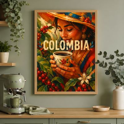 Colombia Coffee Art Print, Woman With Coffee Poster, Kitchen Wall Decor