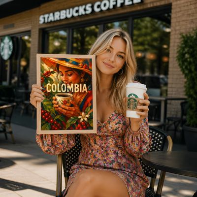 Colombia Coffee Art Print, Woman With Coffee Poster, Kitchen Wall Decor