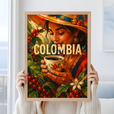 Colombia Coffee Art Print, Woman With Coffee Poster, Kitchen Wall Decor