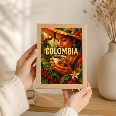 Colombia Coffee Art Print, Woman With Coffee Poster, Kitchen Wall Decor