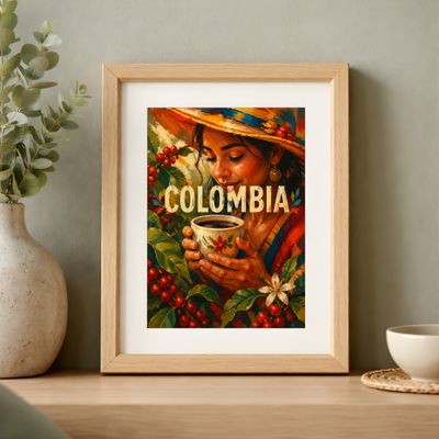 Colombia Coffee Art Print, Woman With Coffee Poster, Kitchen Wall Decor