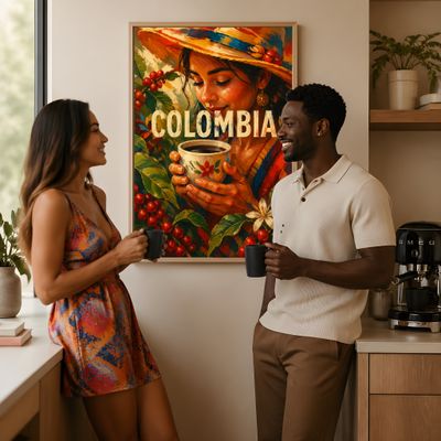 Colombia Coffee Art Print, Woman With Coffee Poster, Kitchen Wall Decor