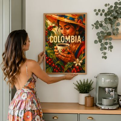 Colombia Coffee Art Print, Woman With Coffee Poster, Kitchen Wall Decor