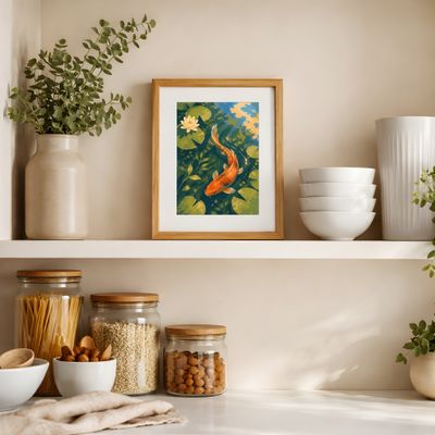 Koi Fish Wall Art, Japanese Pond Poster, Water Lily Decor