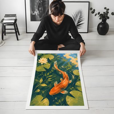 Koi Fish Wall Art, Japanese Pond Poster, Water Lily Decor