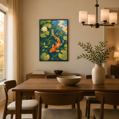 Koi Fish Wall Art, Japanese Pond Poster, Water Lily Decor