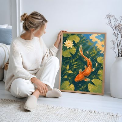 Koi Fish Wall Art, Japanese Pond Poster, Water Lily Decor