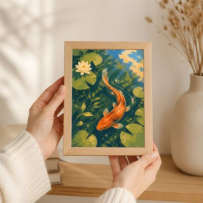 Koi Fish Wall Art, Japanese Pond Poster, Water Lily Decor