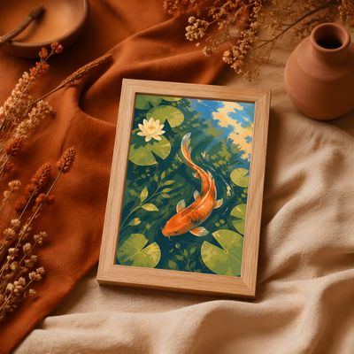 Koi Fish Wall Art, Japanese Pond Poster, Water Lily Decor
