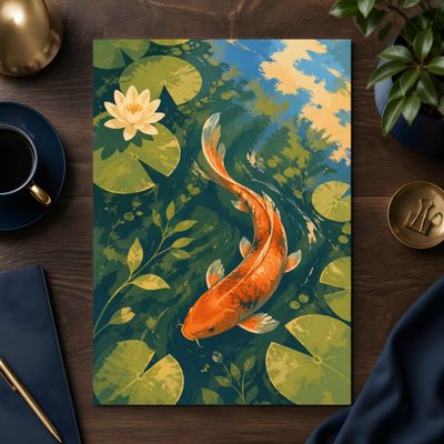 Koi Fish Wall Art, Japanese Pond Poster, Water Lily Decor