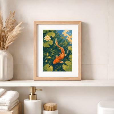 Koi Fish Wall Art, Japanese Pond Poster, Water Lily Decor