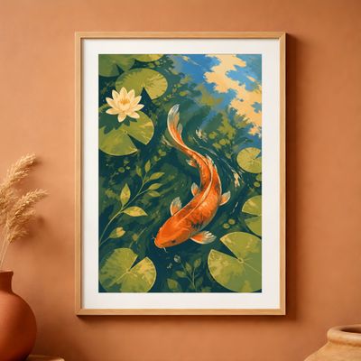 Koi Fish Wall Art, Japanese Pond Poster, Water Lily Decor