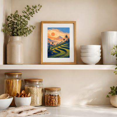 Rice Terrace Wall Art, Tropical Landscape Poster, Mountain Sunset Decor