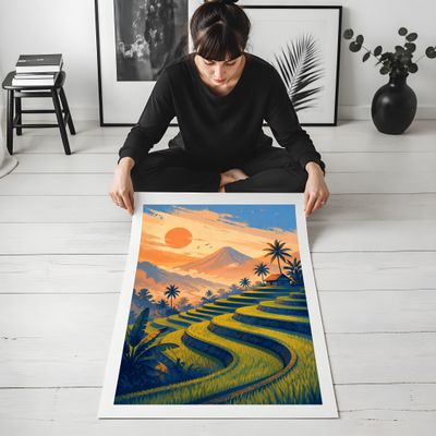 Rice Terrace Wall Art, Tropical Landscape Poster, Mountain Sunset Decor