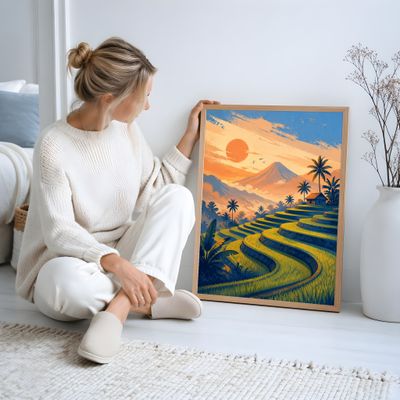 Rice Terrace Wall Art, Tropical Landscape Poster, Mountain Sunset Decor