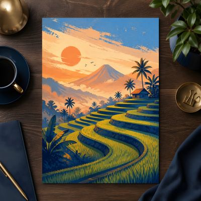 Rice Terrace Wall Art, Tropical Landscape Poster, Mountain Sunset Decor