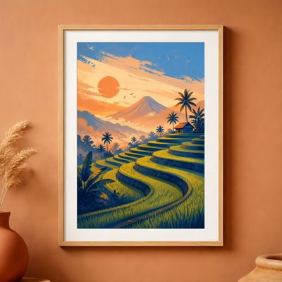 Rice Terrace Wall Art, Tropical Landscape Poster, Mountain Sunset Decor
