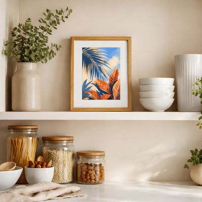 Tropical Leaves Poster, Botanical Wall Art, Blue Orange Palm Leaf Decor