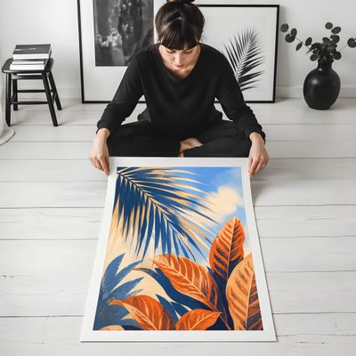 Tropical Leaves Poster, Botanical Wall Art, Blue Orange Palm Leaf Decor