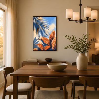Tropical Leaves Poster, Botanical Wall Art, Blue Orange Palm Leaf Decor