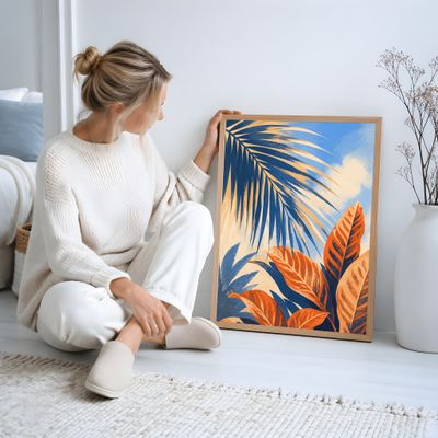 Tropical Leaves Poster, Botanical Wall Art, Blue Orange Palm Leaf Decor