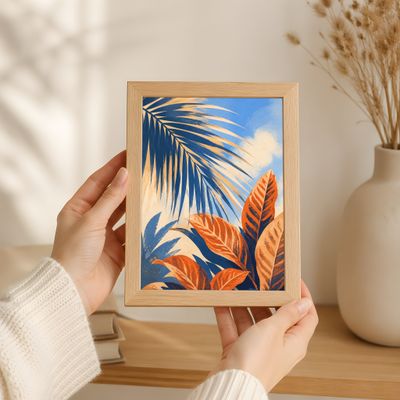 Tropical Leaves Poster, Botanical Wall Art, Blue Orange Palm Leaf Decor