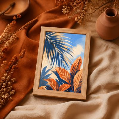 Tropical Leaves Poster, Botanical Wall Art, Blue Orange Palm Leaf Decor
