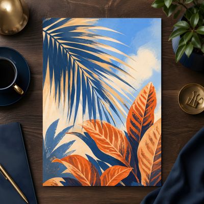 Tropical Leaves Poster, Botanical Wall Art, Blue Orange Palm Leaf Decor
