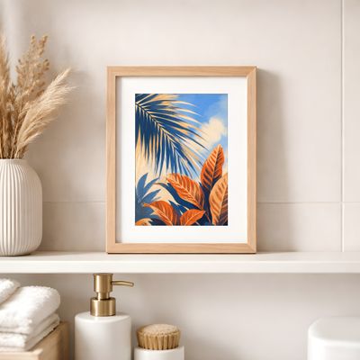 Tropical Leaves Poster, Botanical Wall Art, Blue Orange Palm Leaf Decor