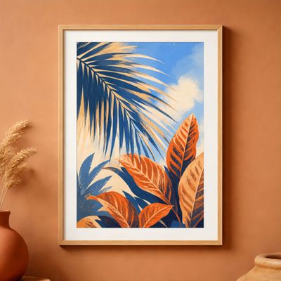 Tropical Leaves Poster, Botanical Wall Art, Blue Orange Palm Leaf Decor